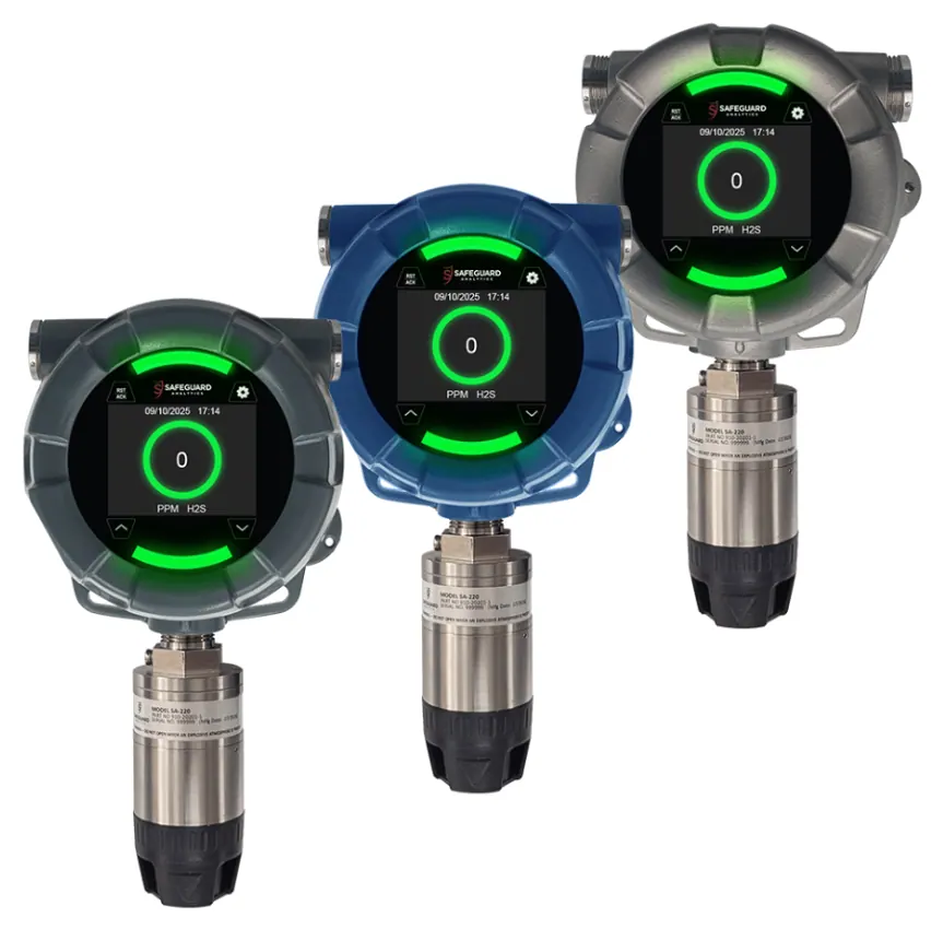 SA-220 industrial gas detector lineup in ABS, aluminum, and stainless steel housings with LED status displays and SA2 smart sensor modules
